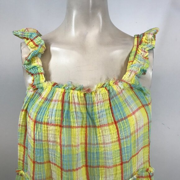 ANTHROPOLOGIE - WOMEN'S XSMALL -YELLOW PLAID RUFFLE SLEEVELESS DRESS TUNIC TOP - Picture 2 of 6